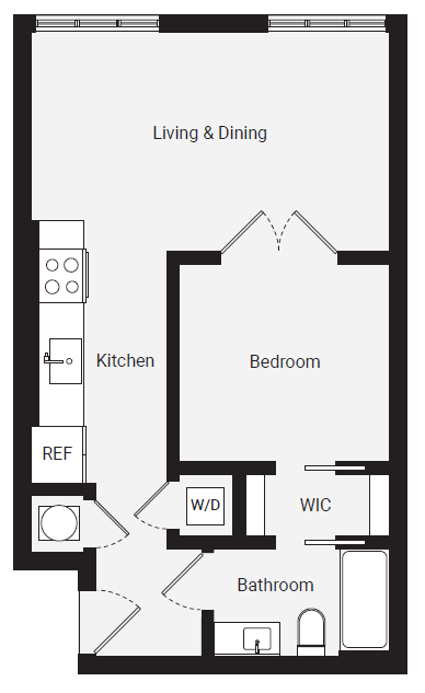 Floor plan for 1 bed, 1 bath, 559 sqft